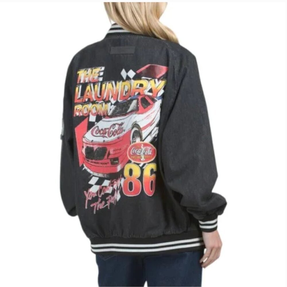 NWT Coca Cola Charcoal Bomber Racing Jacket, The Laundry Room, Oversized XS